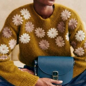 Sezane Olive Sweater with floral embroidery size small